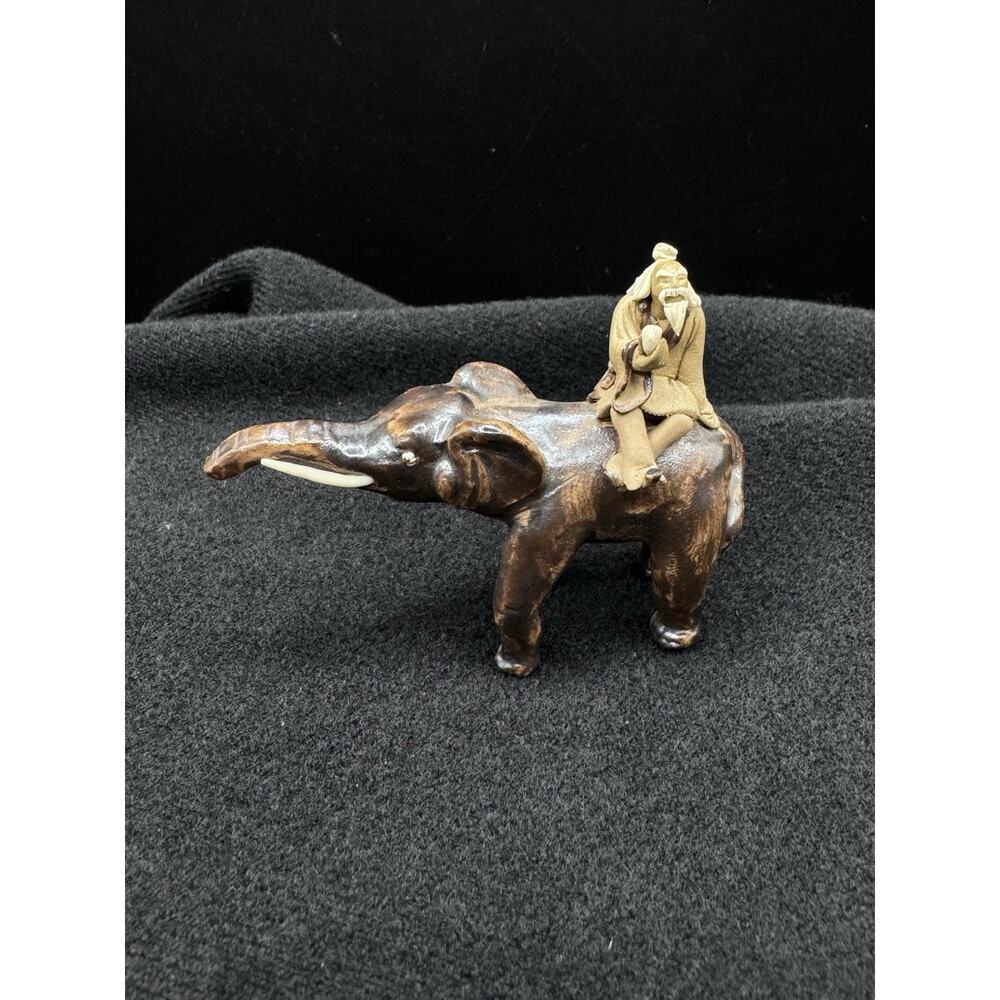 Vintage Asian Elephant Figurine Chinese Elderly Man Riding Miniature